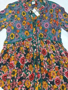 Anthropologie Teal Floral Button-Front Dress with Pink & Yellow Accents